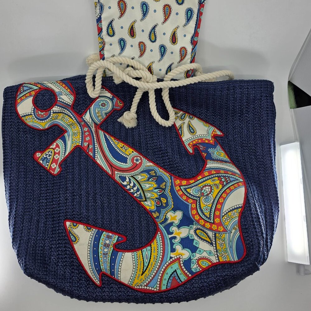 Vera Bradley Navy Straw Anchor Beach Tote - Picture 3 of 8